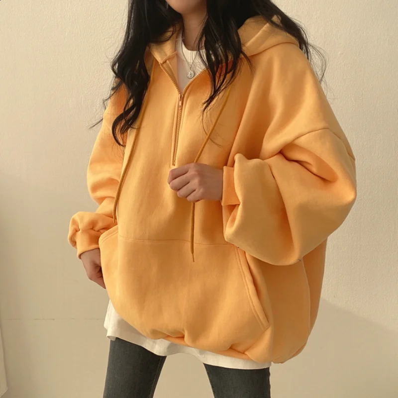 Women Hoodie Harajuku Loose Oversized Solid Color Top Half Zip Up Sweatshirt Female Casual Long Sleeve Pocket Hooded Coats 250113