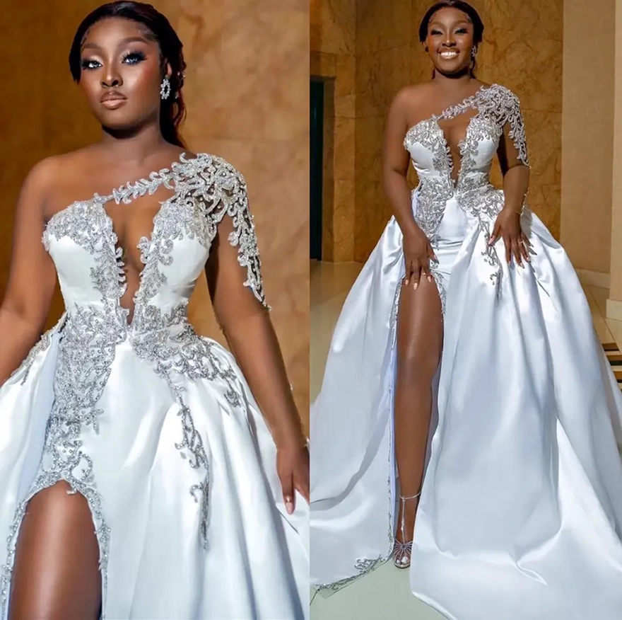 Plus Size Arabic Aso Ebi Luxurious Beaded Crystals Wedding Dress with detachable train Lace Mermaid Satin Bridal Gown Free shipping