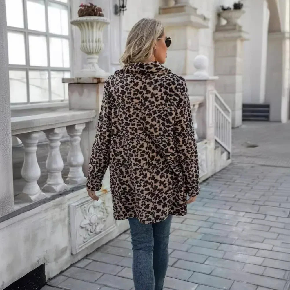 Leopard Print Wool Coat Mid Length Fashionable Casual Jacket Comfortable Long Sleeved Womens Clothing Autumn And Winter 240927Cj