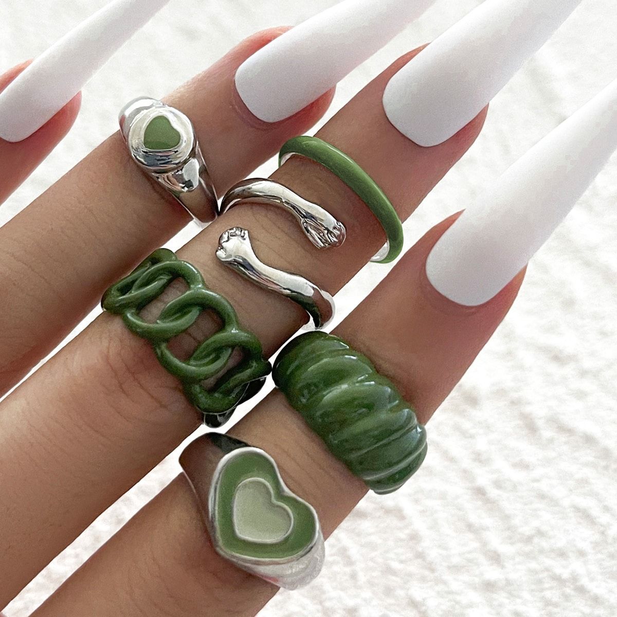 Green Vintage Spray-Painted Rings with Oil Drips and Hearts - Complete Set of Six