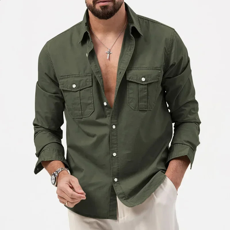 Army Green Tactical Cargo Shirts For Men Chest Two Pockets Long Sleeve Mens TShirt 2024 Trend Casual Loose Shirt Chemise Hombre y240927