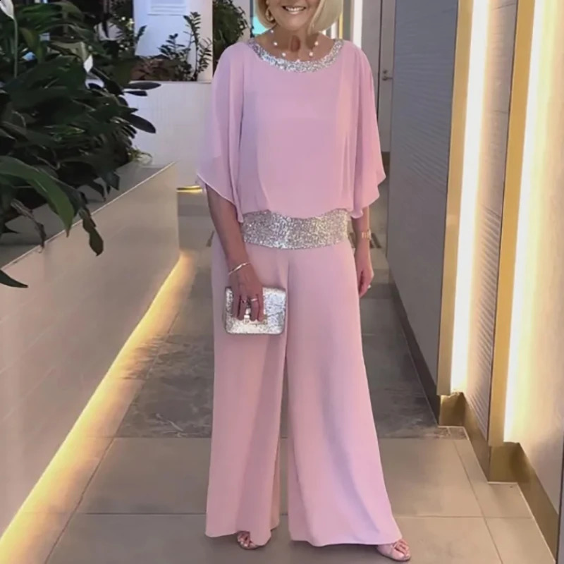 Pink Sequin Spinning Tunic Suit Women Spring O Neck Top Pullover Wide Leg Pants Outfit Summer Batwing Sleeve Loose Chiffon Set 240927