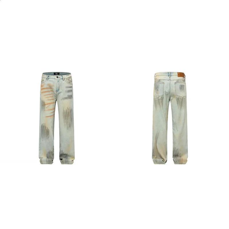 Fall High Street Loose Straight Jeans Personalized Hand-painted Graffiti Retro Blue Mens and Womens Long Pants 240927