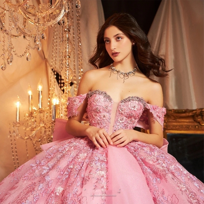 Pink Shiny Ball Gown Quinceanera Dresses Off The Shoulder Sequined Appliques Beading Crystal Tull Bow Corset Vestidos De 15 Anos