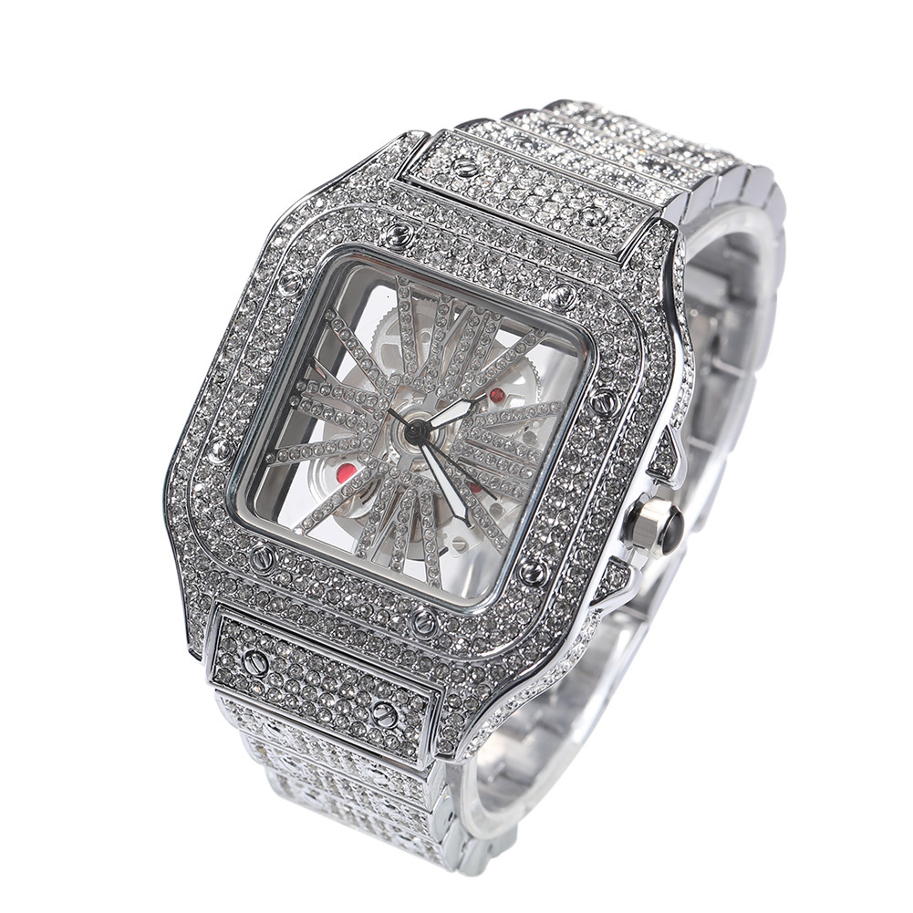Waterproof Hip-hop Square Watch With Automatic Hollowed Iced Out Full Rhinestone Casual Luxury Quartz Gemstone Male Bling Wrist Watches Jewelry Gifts 
