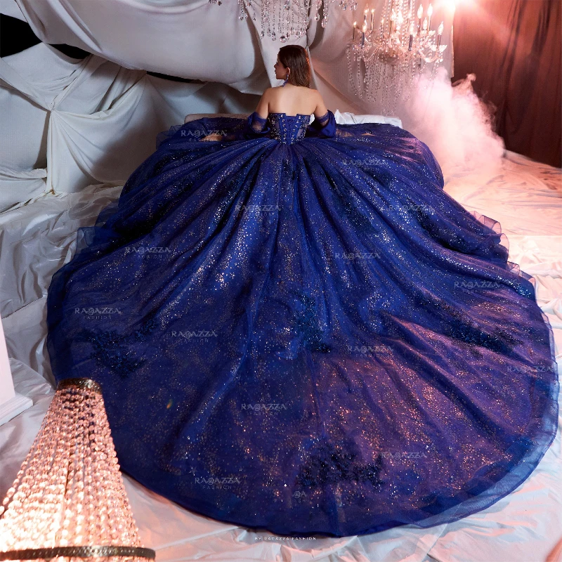 Royal Blue Shiny Quinceanera Dresses Ball Gown Off The Shoulder Beaded Crystal Tull Mexican Sweet 16 Dress vestido xv 15 anos