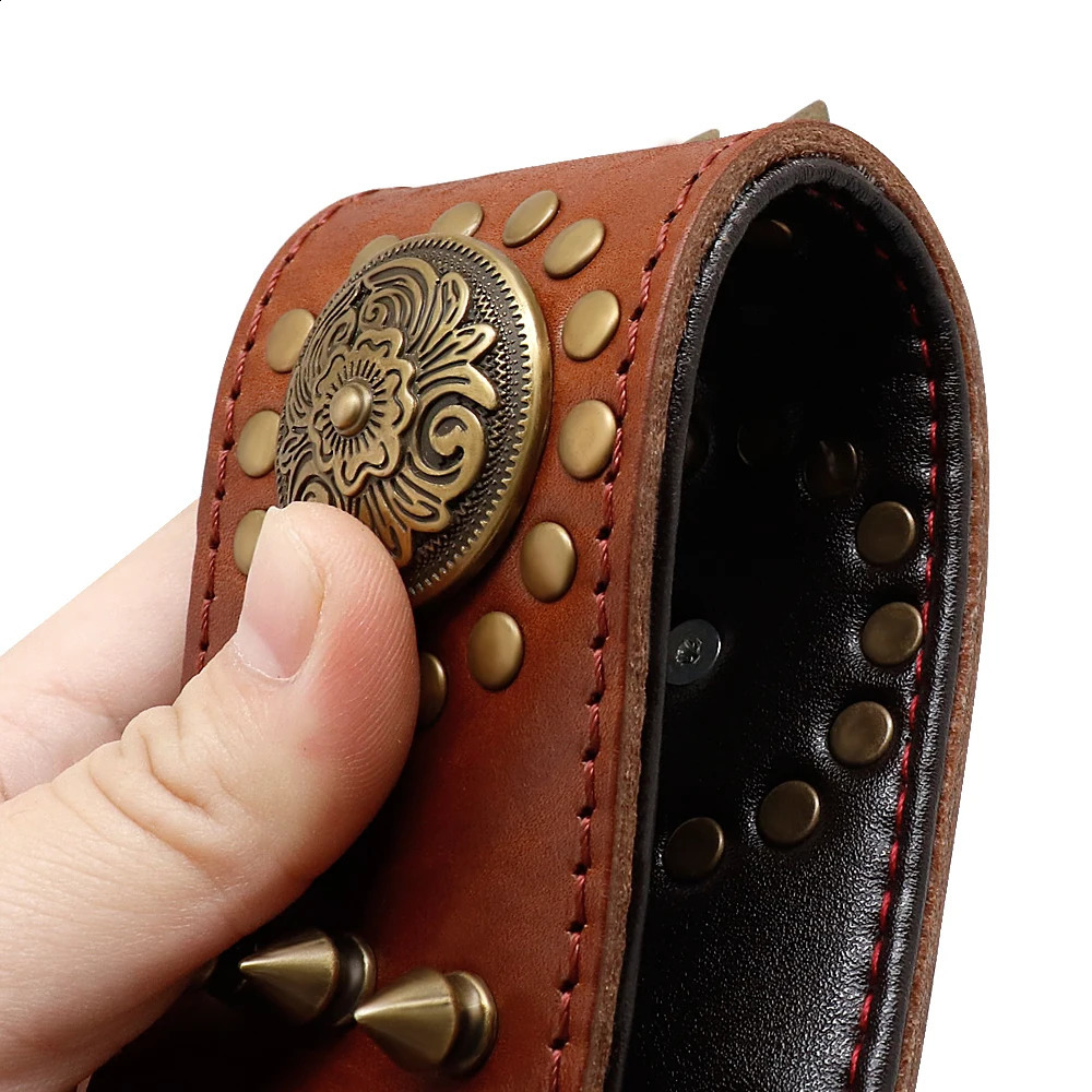 Leather large dog collars bulldog pointed stud collars suitable for medium-sized large dogs genuine leather durable pet collars brown 240923