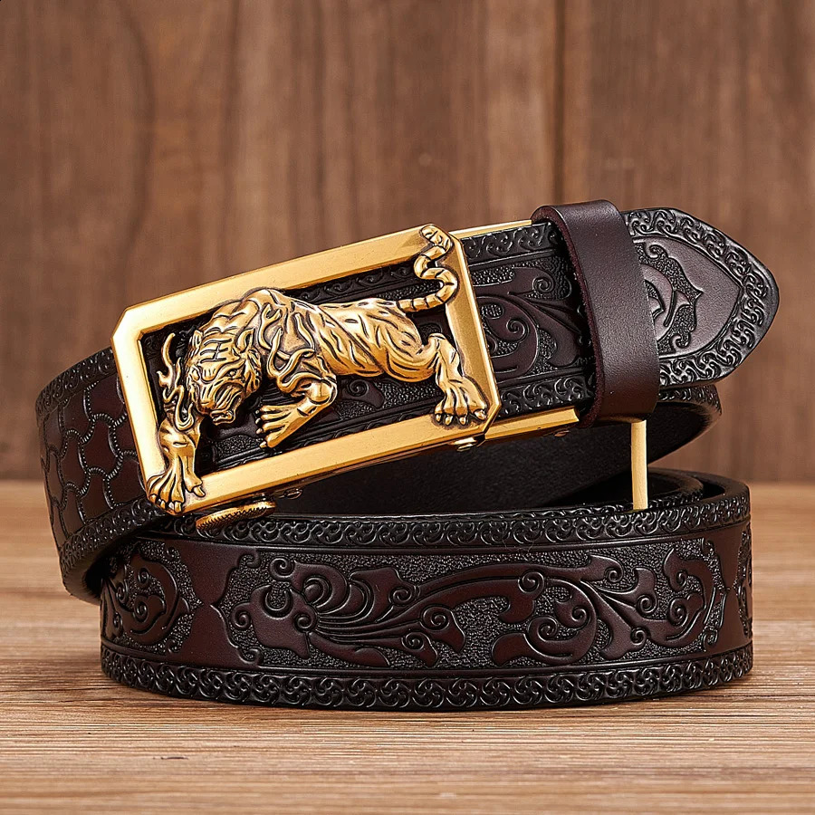 Fashion tiger buckle Tang grass pattern leather strap mens art work strap automatic buckle commercial strap 240925