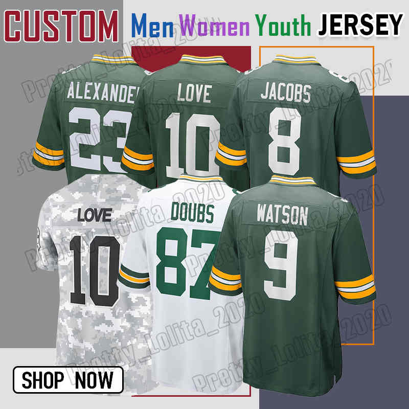 8 Josh Jacobs 10 Love Football Jersey Jaire Alexander Romeo Doubs Christian Watson Jayden Reed Green Bayes Packer Lukas Van Ness AJ Dillon Xavier McKinney Kenny Clark