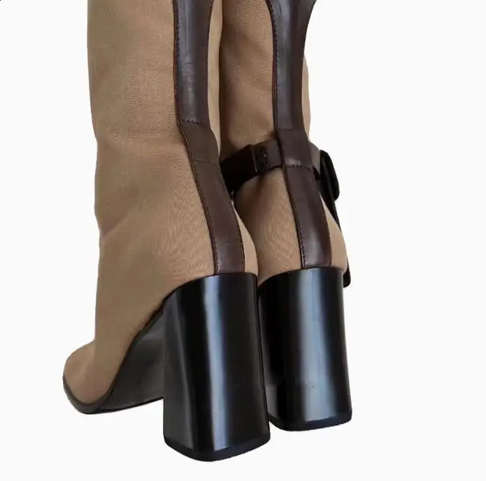 Brown square toe side irregular pocket ankle boots zipper side thick womens high heels with short boots 240926