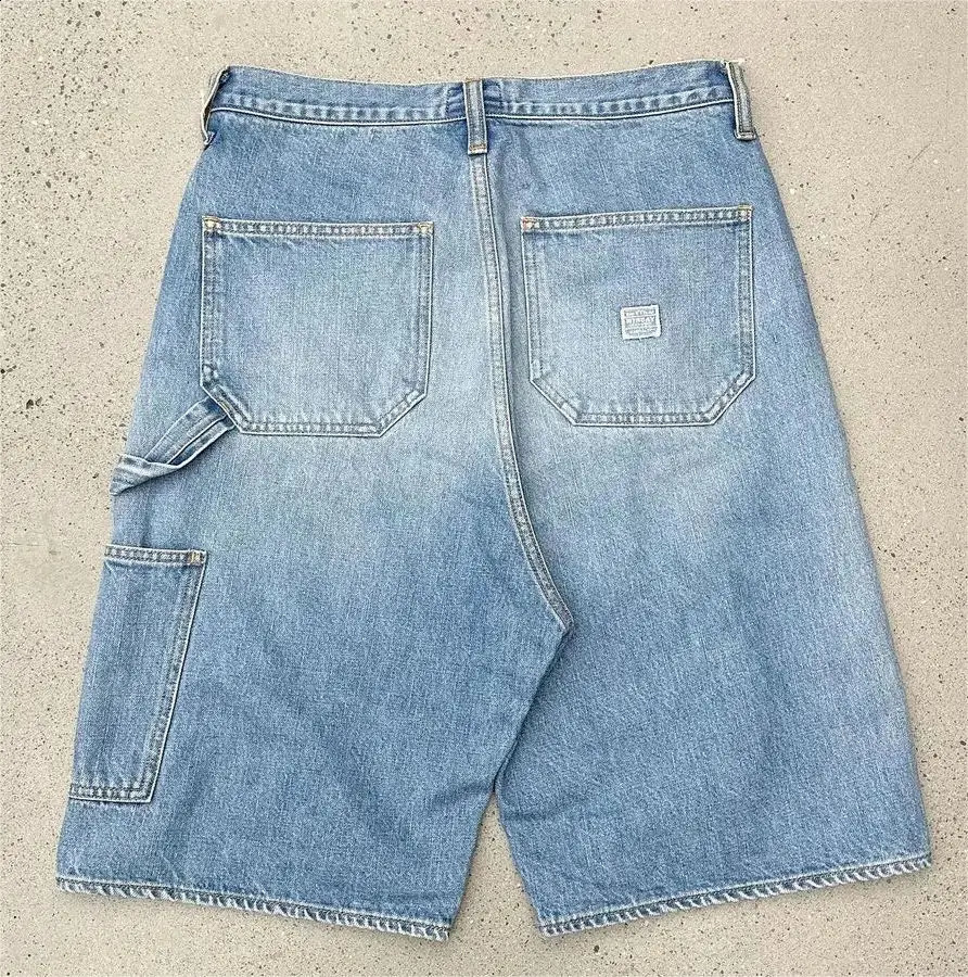 Street Clothing Y2K Denim Shorts Fashion Pocket Embroidered Bag Womens Hip Hop High Waist Wide Leg Sports 240926