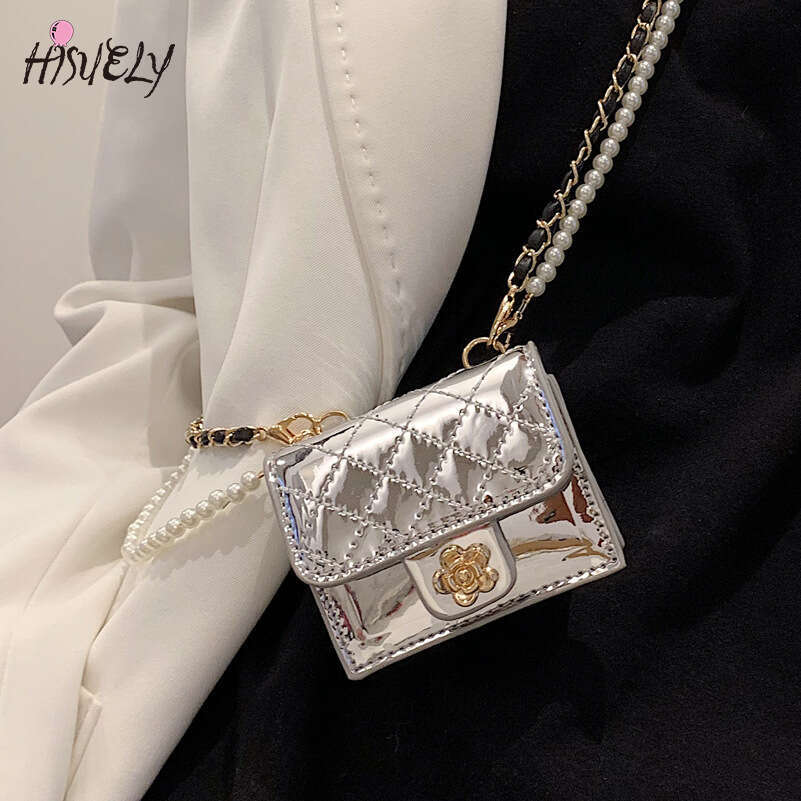 Leather Women Mini 2024 Bag Hanging Neck Camellia Bags Rhombus Earphone/Lipstick/Keys bag Pearls Chain Chest Waist Pack 4