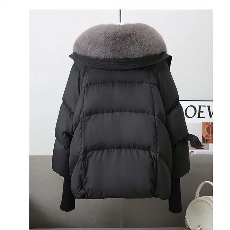 Winter Fur Collar Puffer Down Parka Loose Down Warmer Thicken Snow Jacket Pocket Zipper Faux Fur Outerwear Female 241105