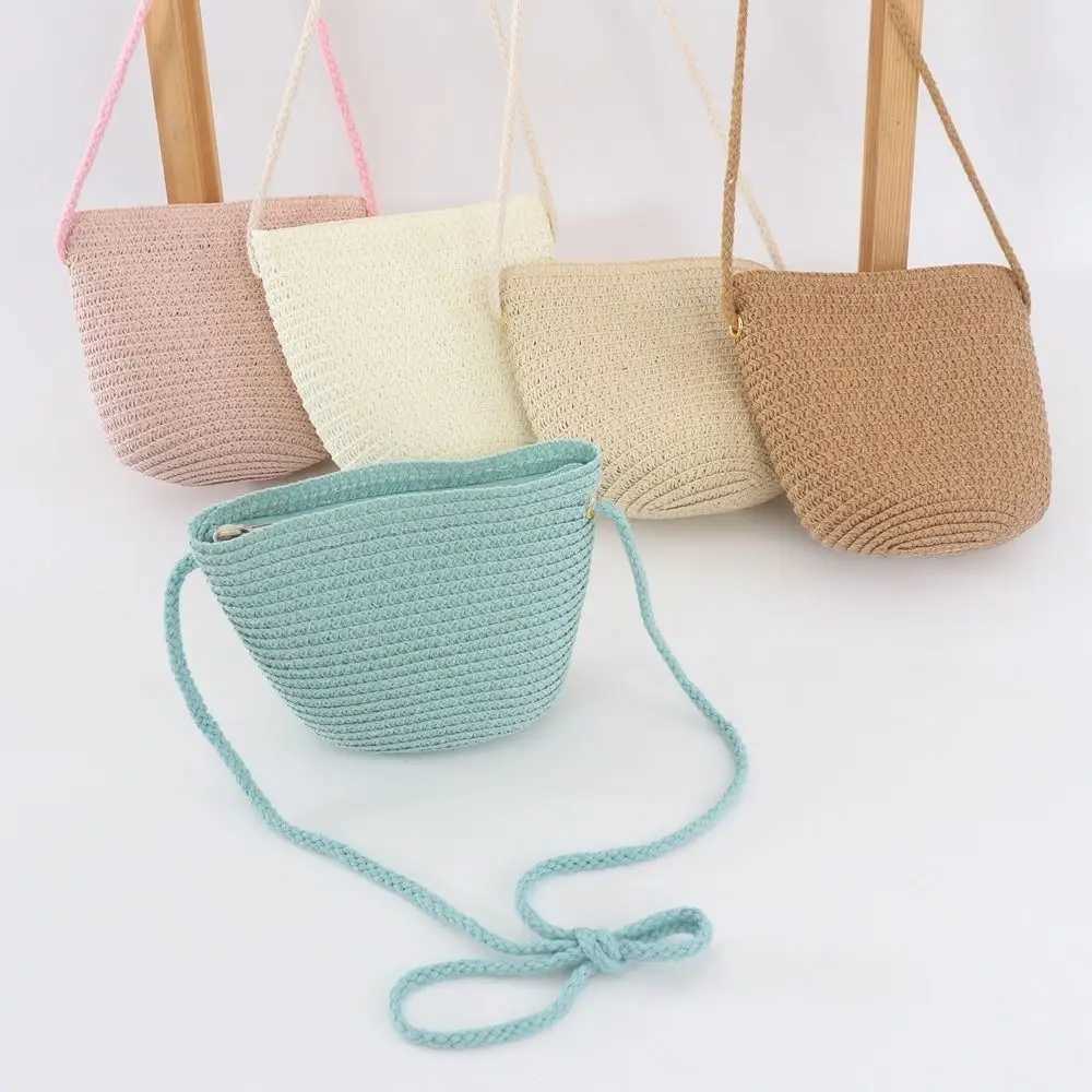 New Summer Children Girls Shoulder Bag Creative Pure Color Straw Messenger Bag Kids Coin Purse Cute Princess Mini Handbag LX241104