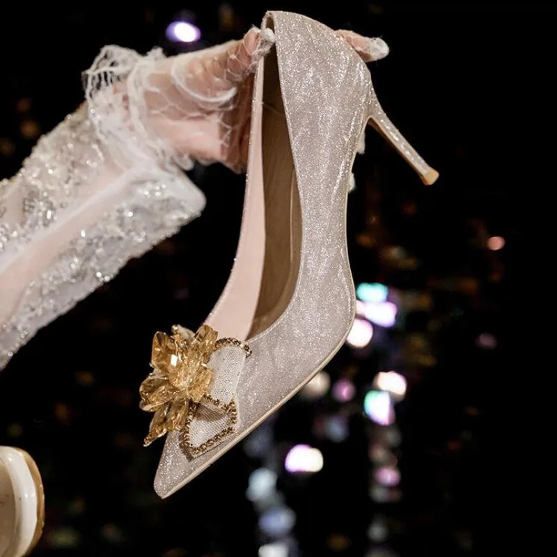 Rhie Bow Glitter Pumps Womens Thin Pointed Toe Shallow Femme Elegant Wedding Crystal High Heels Party Shoes 241101