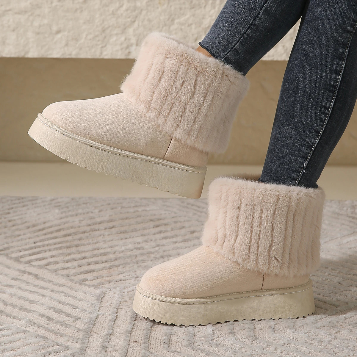 Womens Winter Womens Shoes Black Round Sole Solid Wood Plush Warm Middle Boots Waterproof Casual Snow Boots Womens 240930