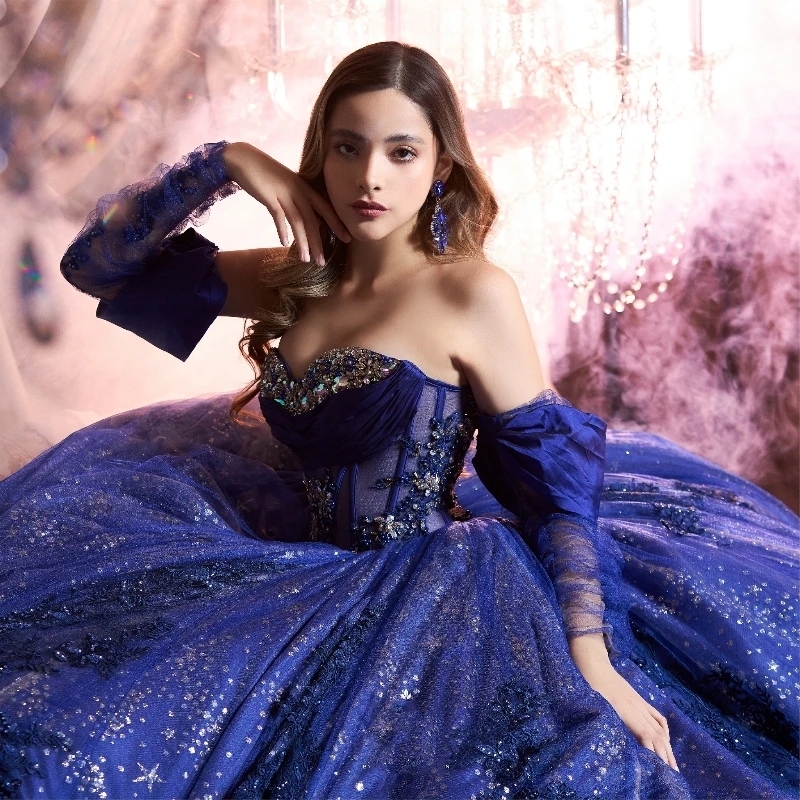Royal Blue Shiny Quinceanera Dresses Ball Gown Off The Shoulder Beaded Crystal Tull Mexican Sweet 16 Dress vestido xv 15 anos