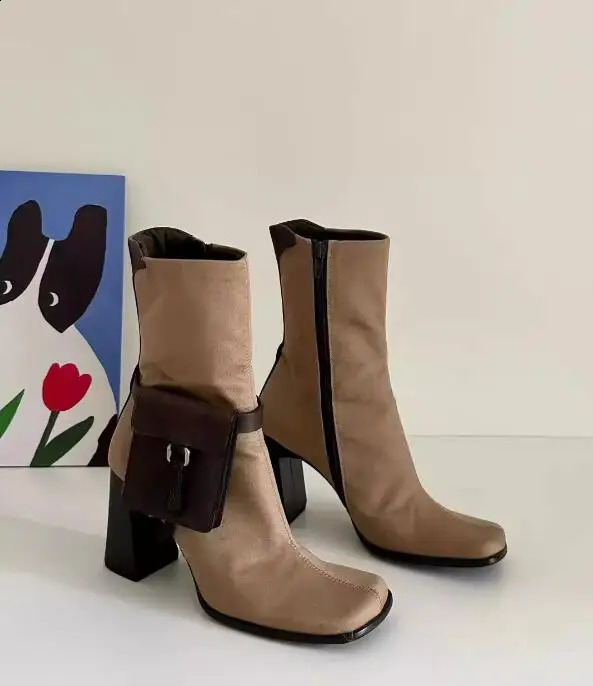 Brown square toe side irregular pocket ankle boots zipper side thick womens high heels with short boots 240926