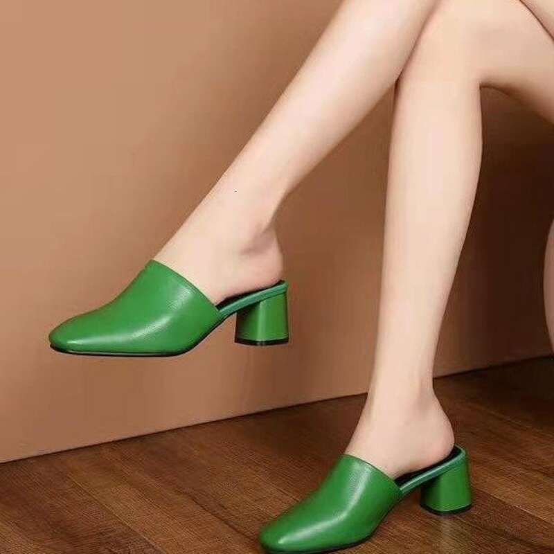 Women Trend Baotou Half Slippers New Outer Wear Fashion Solid Color Square Toe Thick Heel High-heeled Women's Slides Pantuflas 's