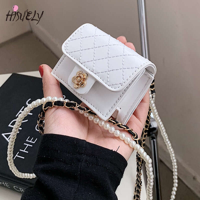 Leather Women Mini 2024 Bag Hanging Neck Camellia Bags Rhombus Earphone/Lipstick/Keys bag Pearls Chain Chest Waist Pack 4
