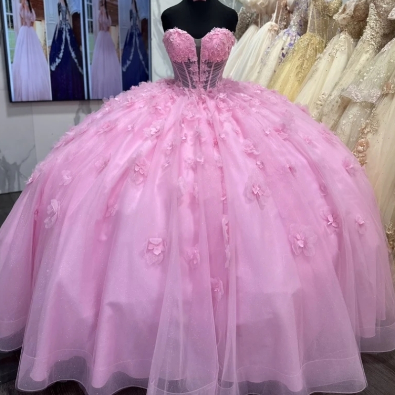 Mexican Pink Quinceanera Dresses Ball Gown Beaded Flower Tull Corset Sweet 16 Dress Party Birthday Princess Lace Up Vestido De 15 Anos