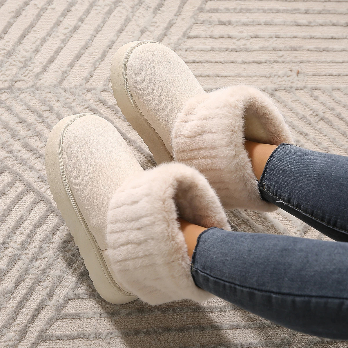 Womens Winter Womens Shoes Black Round Sole Solid Wood Plush Warm Middle Boots Waterproof Casual Snow Boots Womens 240930