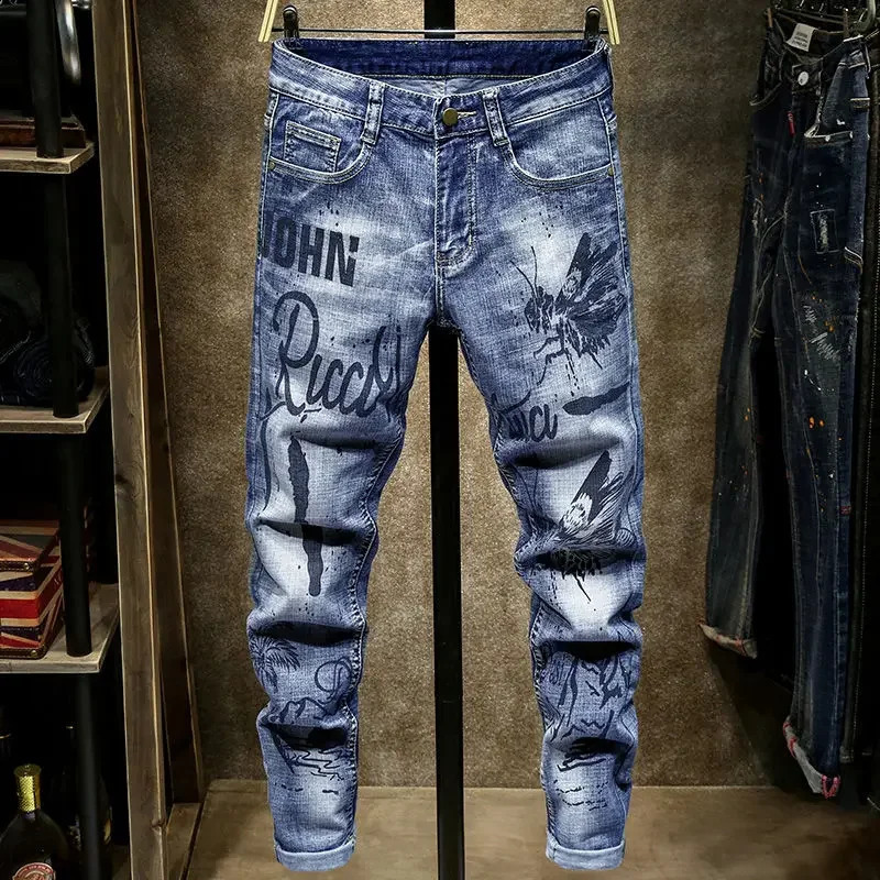 Spring and autumn denim mens clothing straight products slim and casual original er denim work splicing jeans pants Trouser 240924