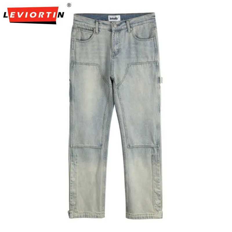Men's Jeans Four Seasons New Washed Hole Carpenter Jeans Men Safari Style Loose Spliced Woodcutting Workwear Pants Double Knee Denim Pants Q