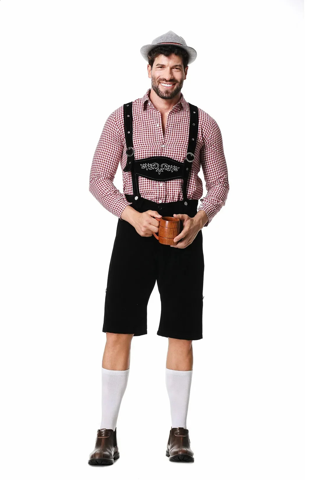 M-XXL Mens Bavarian Beer Festival Lederhosen Costume for Cosplay German Beer Festival Suspendars Rompers Shirt Hat Set 240927