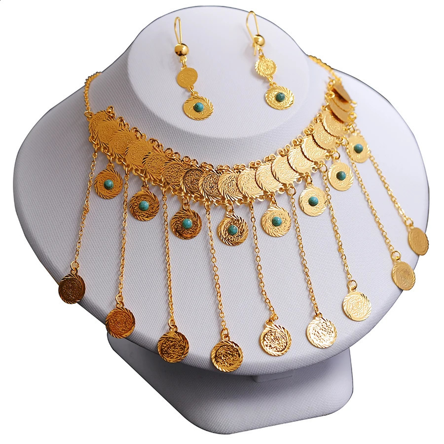 24K Gold Round Two Piece Set Ethiopia Middle East Womens Jewelry Dubai Earrings Necklace Wedding Jewelry 240927
