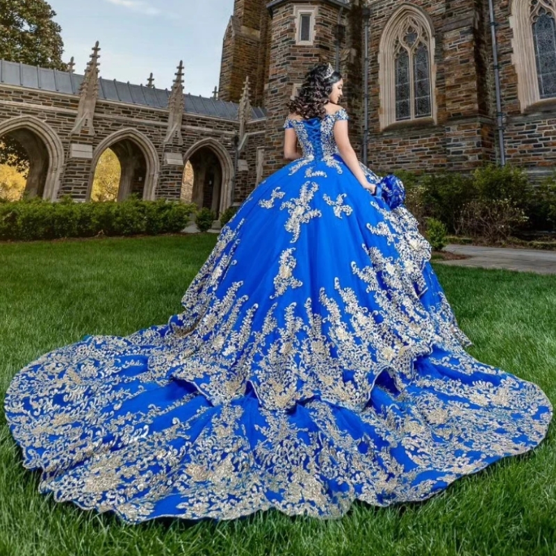 Luxury Blue Quinceanera Dresses Gold Lace Appliqued Pearls Tull Ball Gown Vestidos 15 De Quinceanera Sweetheart Sweet 16 Dress