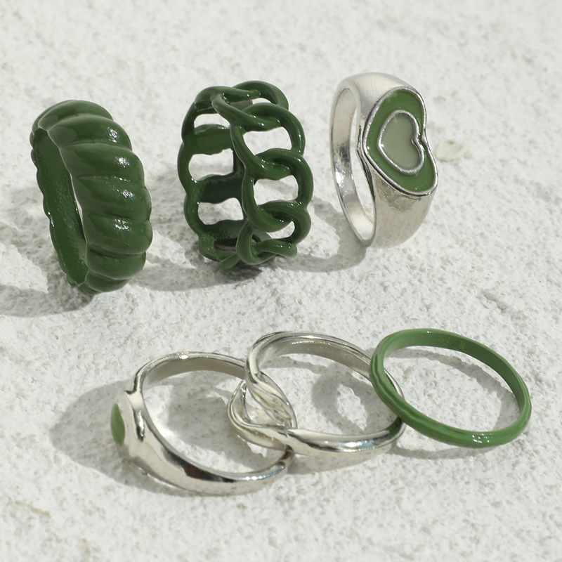 Green Vintage Spray-Painted Rings with Oil Drips and Hearts - Complete Set of Six