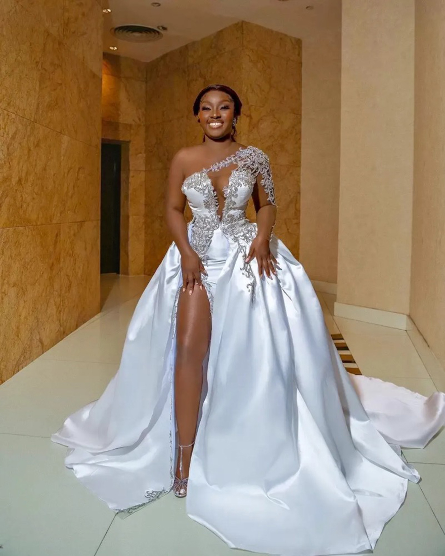 Plus Size Arabic Aso Ebi Luxurious Beaded Crystals Wedding Dress with detachable train Lace Mermaid Satin Bridal Gown Free shipping