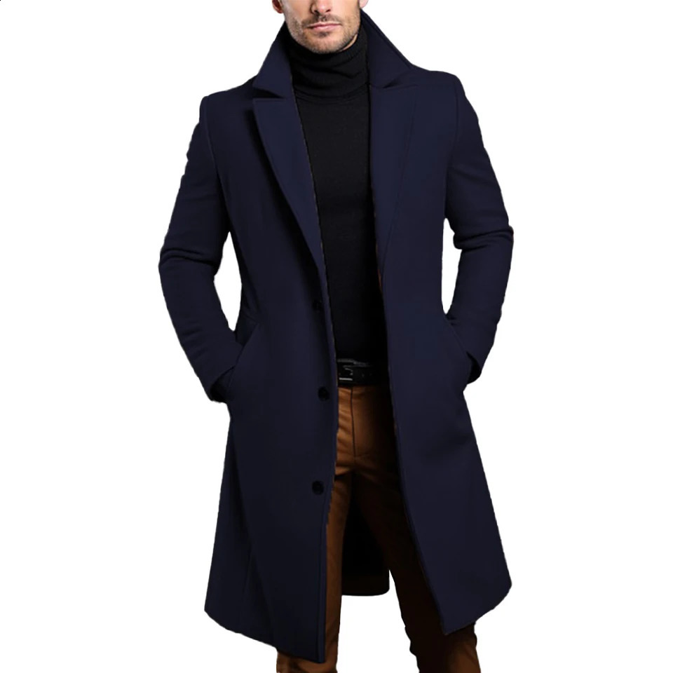 Atutumn Winter Long Warm Wool Trench Coat For Men Solid Color Single Breasted Wool Blends-Overcoat Tops Coats Clothing 240927