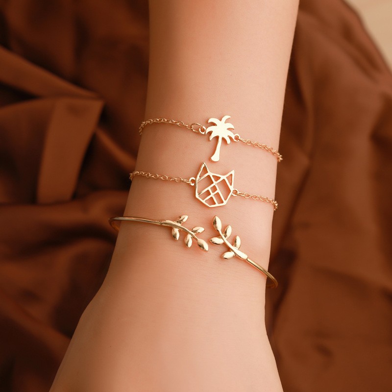 Stylish Female Bracelets with Hollowed-Out Coconut Trees and Cute Cats Design