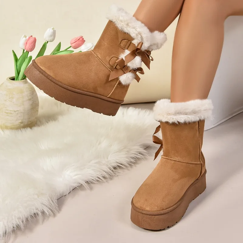 Winter New Hot selling Women Suede Warm Snow Boots Round Head Flat Bow Solid Color Short Boots Outdoor Comfortable Women Shoes