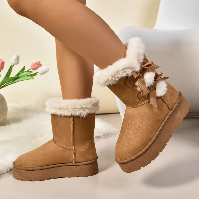 Winter New Hot selling Women Suede Warm Snow Boots Round Head Flat Bow Solid Color Short Boots Outdoor Comfortable Women Shoes