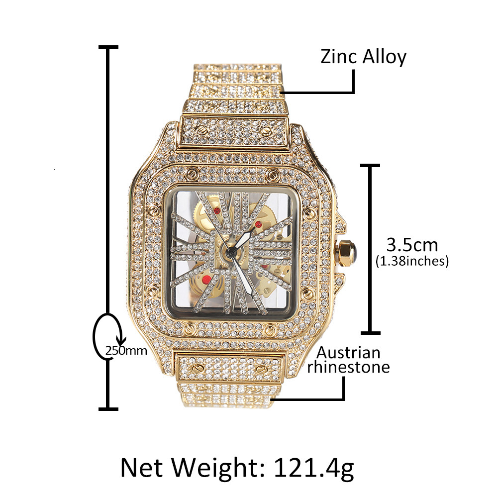 Waterproof Hip-hop Square Watch With Automatic Hollowed Iced Out Full Rhinestone Casual Luxury Quartz Gemstone Male Bling Wrist Watches Jewelry Gifts 