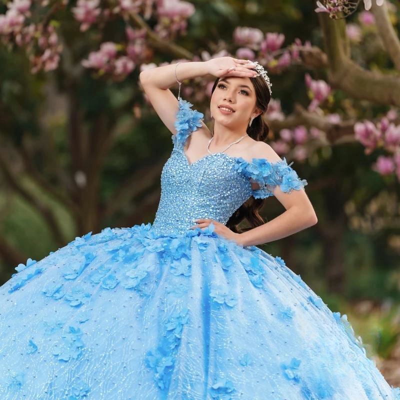 Sky Blue Gillter Princess Quinceanera Dresses Off The Shoulder Flower Beads Crystal Tull Lace-up Vestidos de 15 anos Prom Sweet 16 Dress