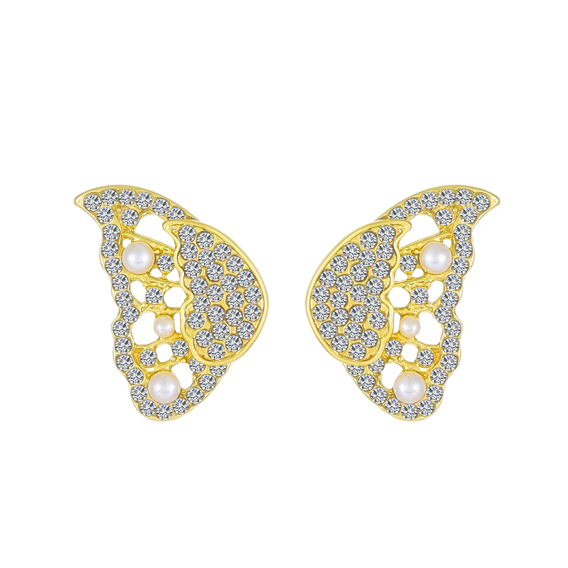 Fashionable Western-Style Micro Pave Pearl Butterfly Earrings - Stylish Dual Layer Split Earrings for Women