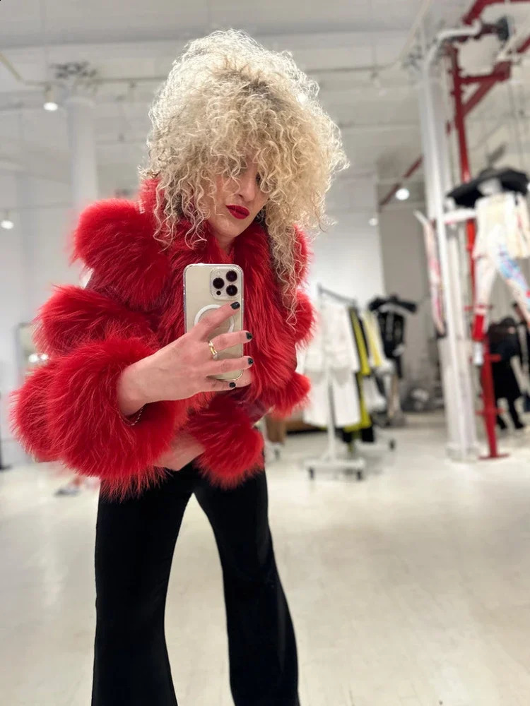 RR2775 Plus Size Artificial Fox Fur Winter Jacket Womens Leather Short Crop Jacket Womens Cotton Lined Fur Decorative Leather 240927