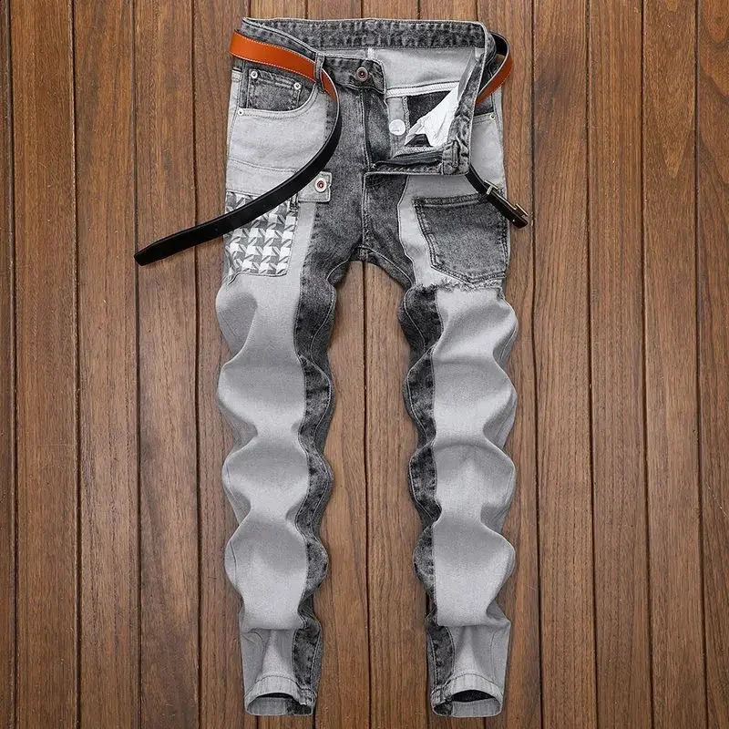 Spring and autumn denim mens clothing straight products slim and casual original er denim work splicing jeans pants Trouser 240924