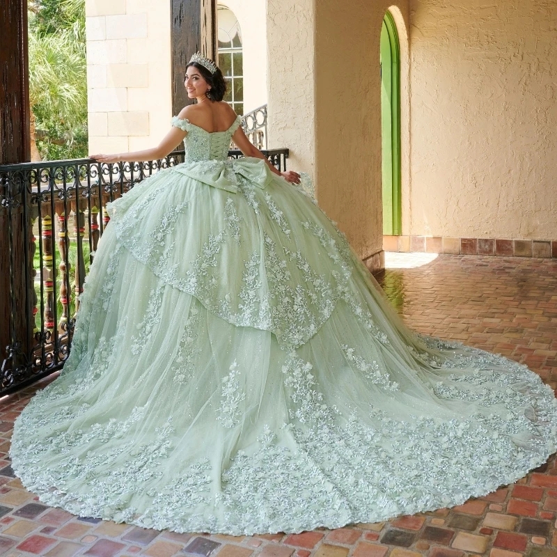 Sage Green Shiny Quinceanera Dresses Ball Gown Off The Shoulder Applique Lace Bow Beads Tull Sweet 16 Dress vestidos 15 De Anos