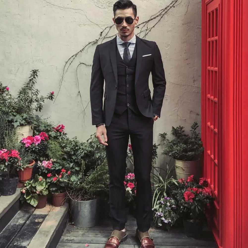 1 Set Men Vest Suit Coat Pants Set Formal Solid Color Men Three-piece Suit Turn-down Collar Long Silky Smooth Business SuitXJ250222