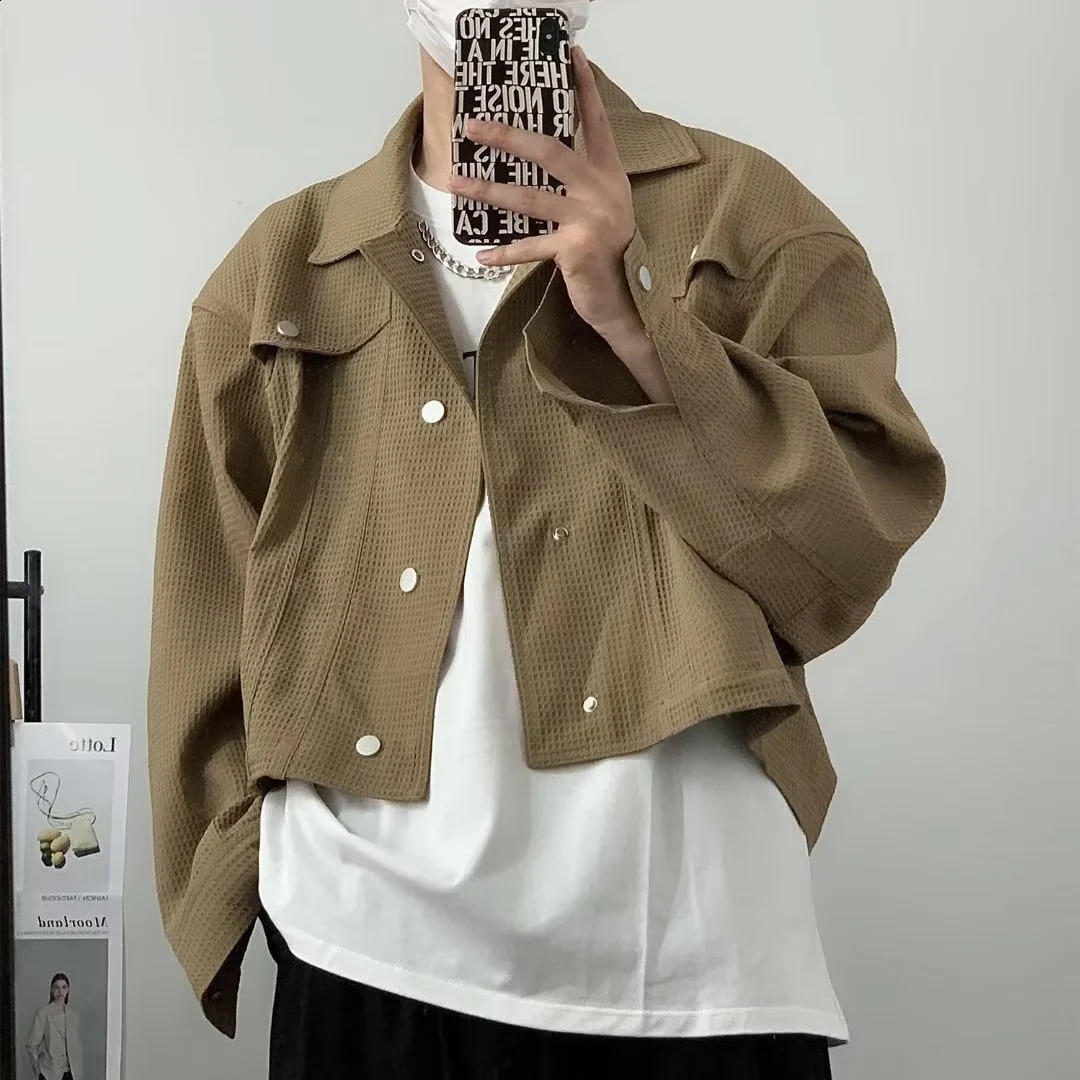 Fashionable mens casual short sleeved jacket retro lapel jacket Korean crop jacket fully matched mens long sleeved streetwear 240927CJ