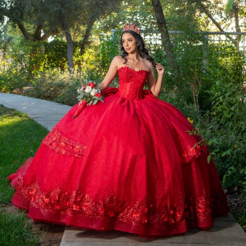 Red Shiny Quinceanera Dresses Ball Gown Off The Shoulder Lace Applique Beaded Tull Tiered Corset Sweet 16 Dress Vestidos De 15 Anos