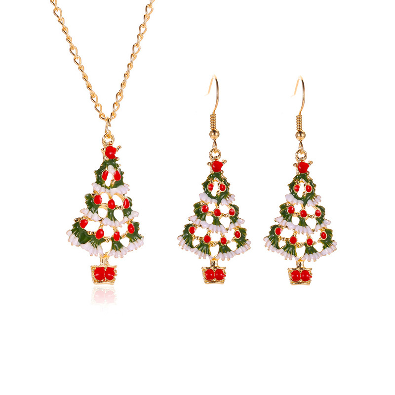 Celebrate Christmas with Our Playful Colorful Jewelry Set Featuring Oily Christmas Trees for Ears and Neck