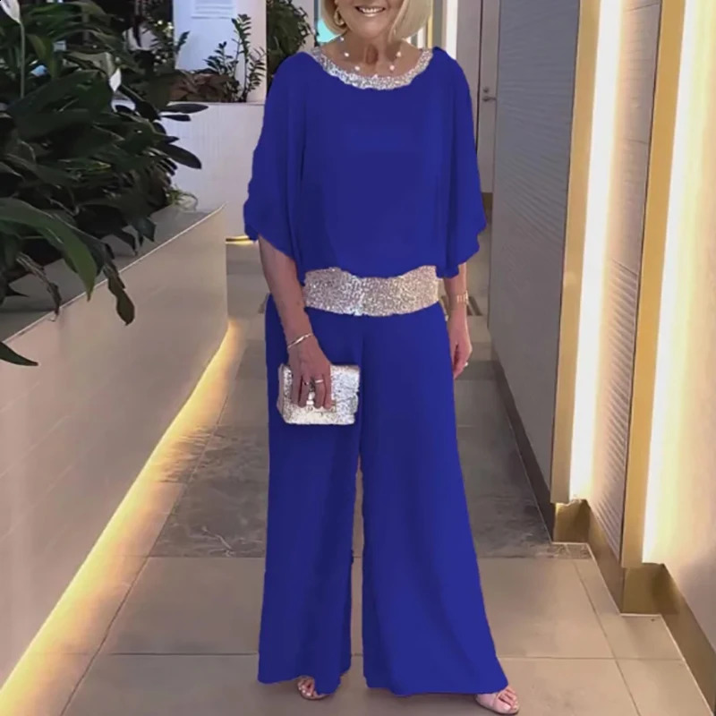 Pink Sequin Spinning Tunic Suit Women Spring O Neck Top Pullover Wide Leg Pants Outfit Summer Batwing Sleeve Loose Chiffon Set 240927