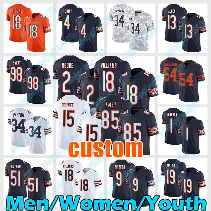 18 Caleb Williams Football Jersey 15 Rome Odunze 2 DJ Moore 13 Keenan Allen Cole Kmet D'Andre Swift Jaquan Brisker Montez Sweat Tory Taylor Brian Urlacher Walter Payton