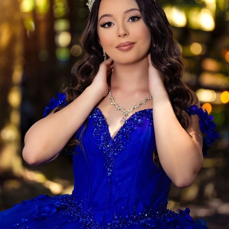 Royal Blue Ball Gown Quinceanera Dresses Off The Shoulder 3D Flowers Beads Crystal Tull Corset Sweet 16 Dress Vestidos De 15 Anos